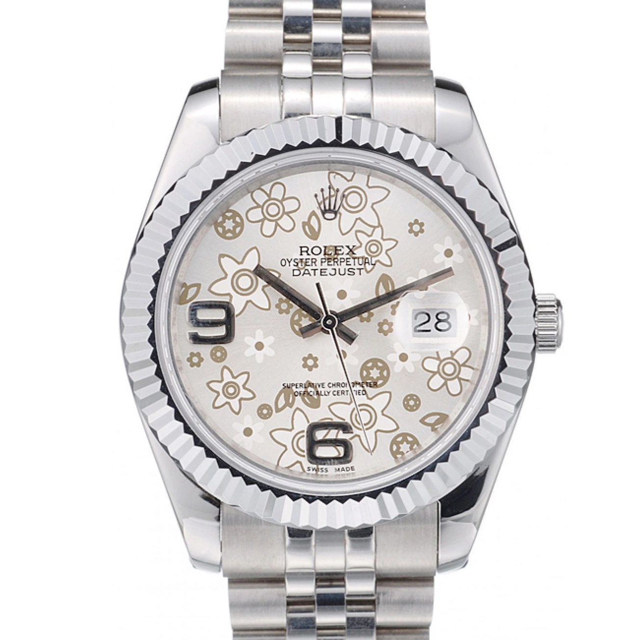 Dial Silver Steel DateJust Rolex Ribbed Flower Stainless 41983 Bezel 0801